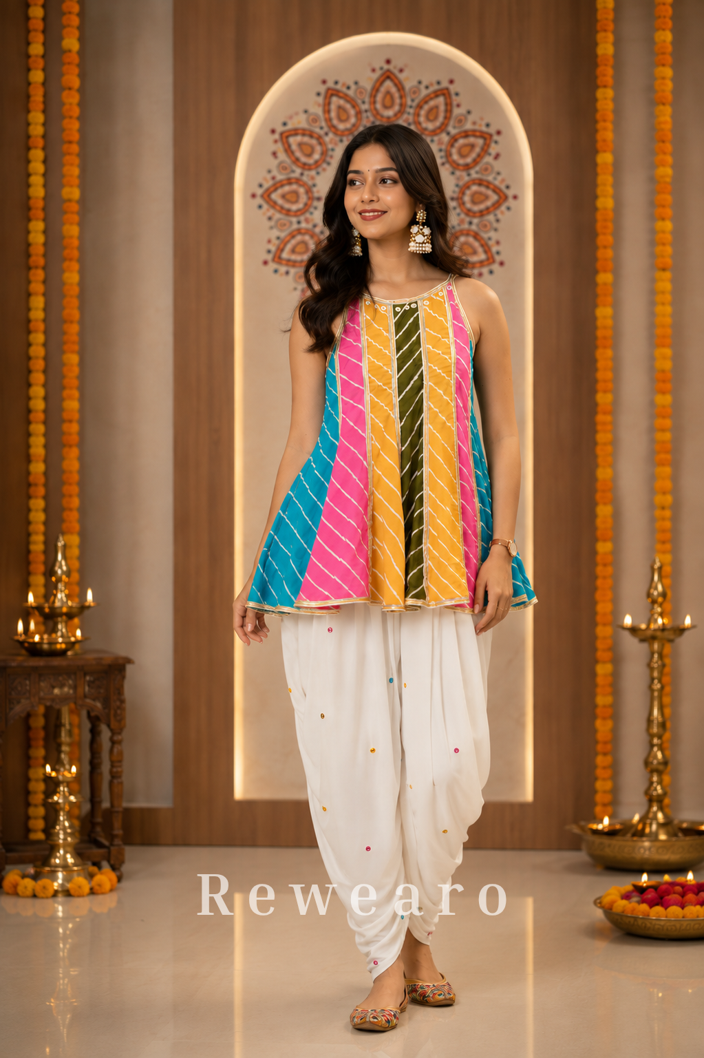 Multicolour Striped Flared Kurti with Sequin-Detailed Dhoti Pants