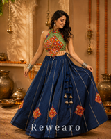 Navy Blue Printed Lehenga with Multicoloured Kutchi Embroidered Halter Blouse & Tasselled Details