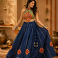 Navy Blue Printed Lehenga with Multicoloured Kutchi Embroidered Halter Blouse & Tasselled Details