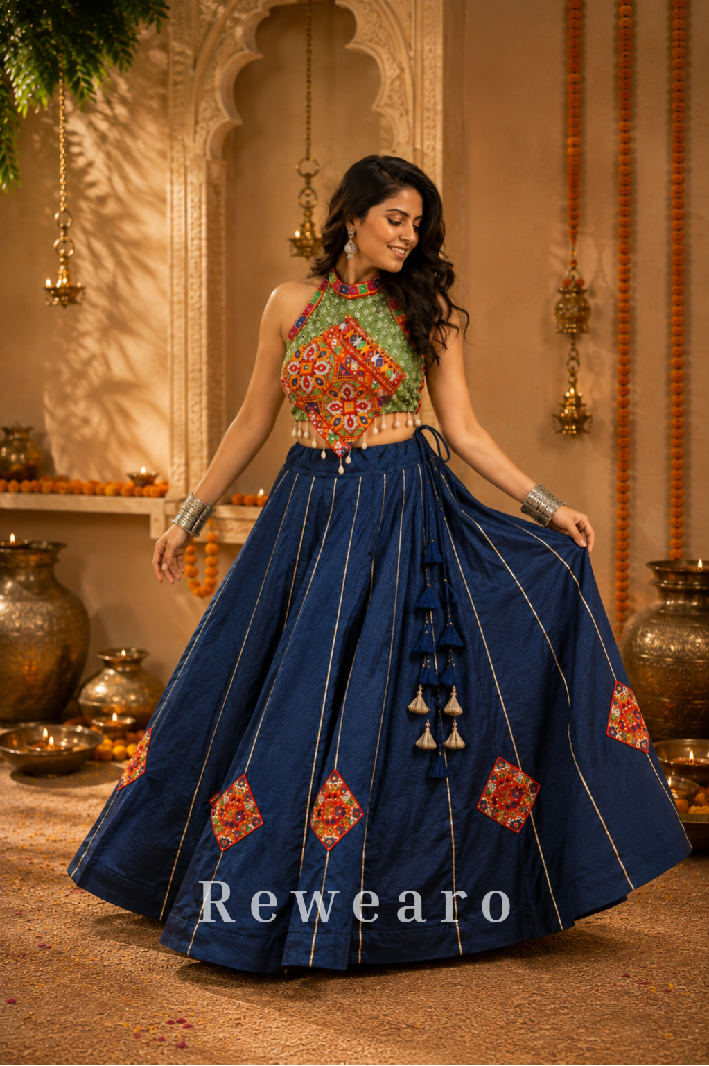 Navy Blue Printed Lehenga with Multicoloured Kutchi Embroidered Halter Blouse & Tasselled Details