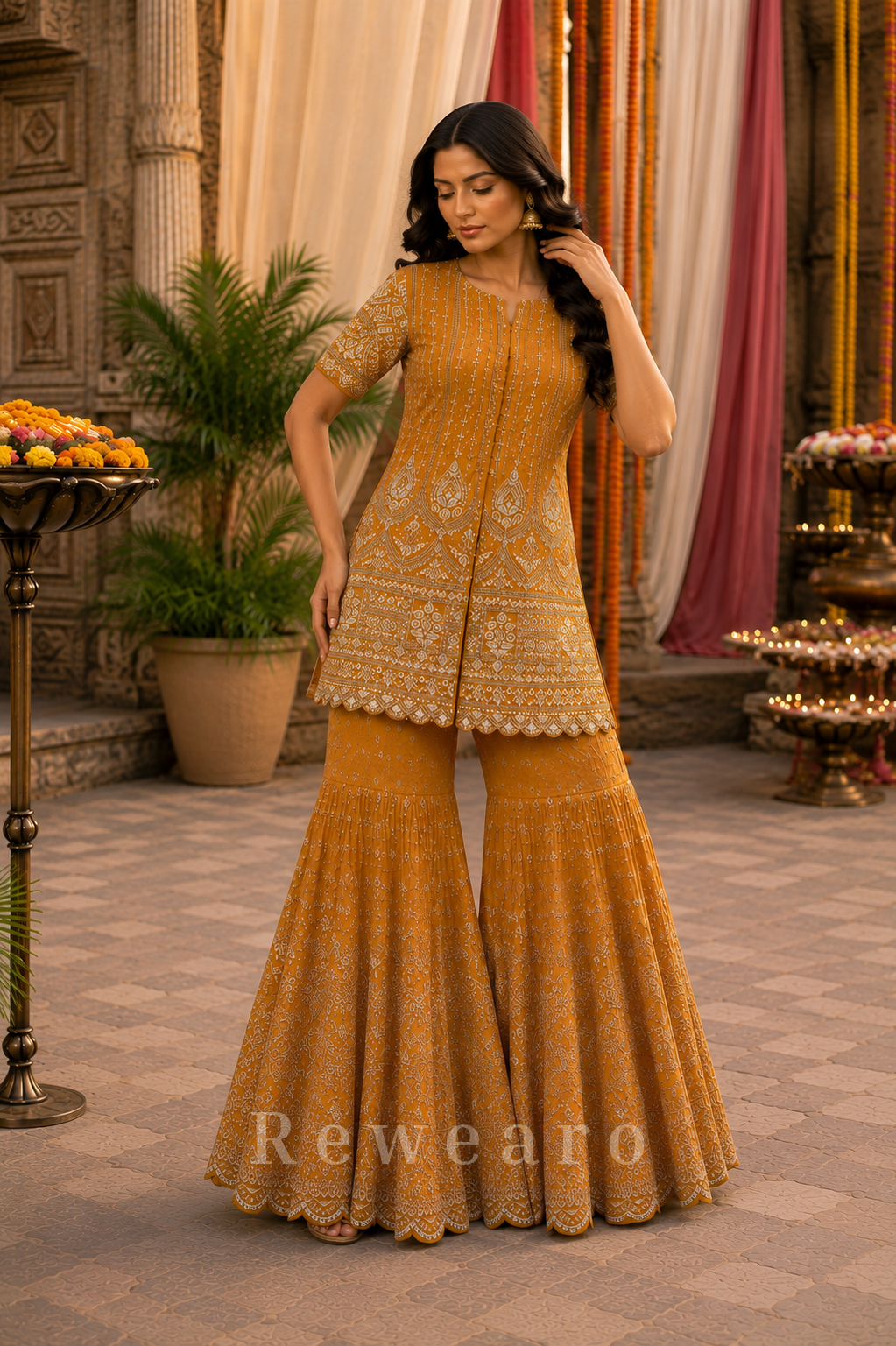 Mustard Embroidered Kurta Sharara Set
