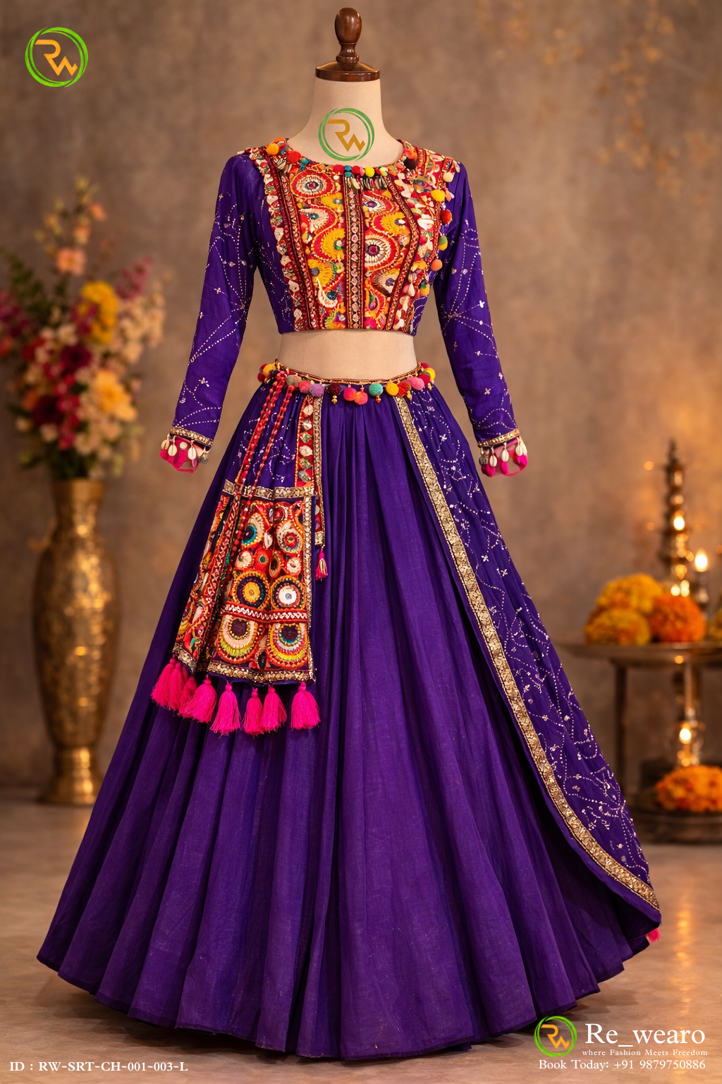 Royal Purple Mirror Work Lehenga Set with Multicolor Kutchi Embroidered Blouse