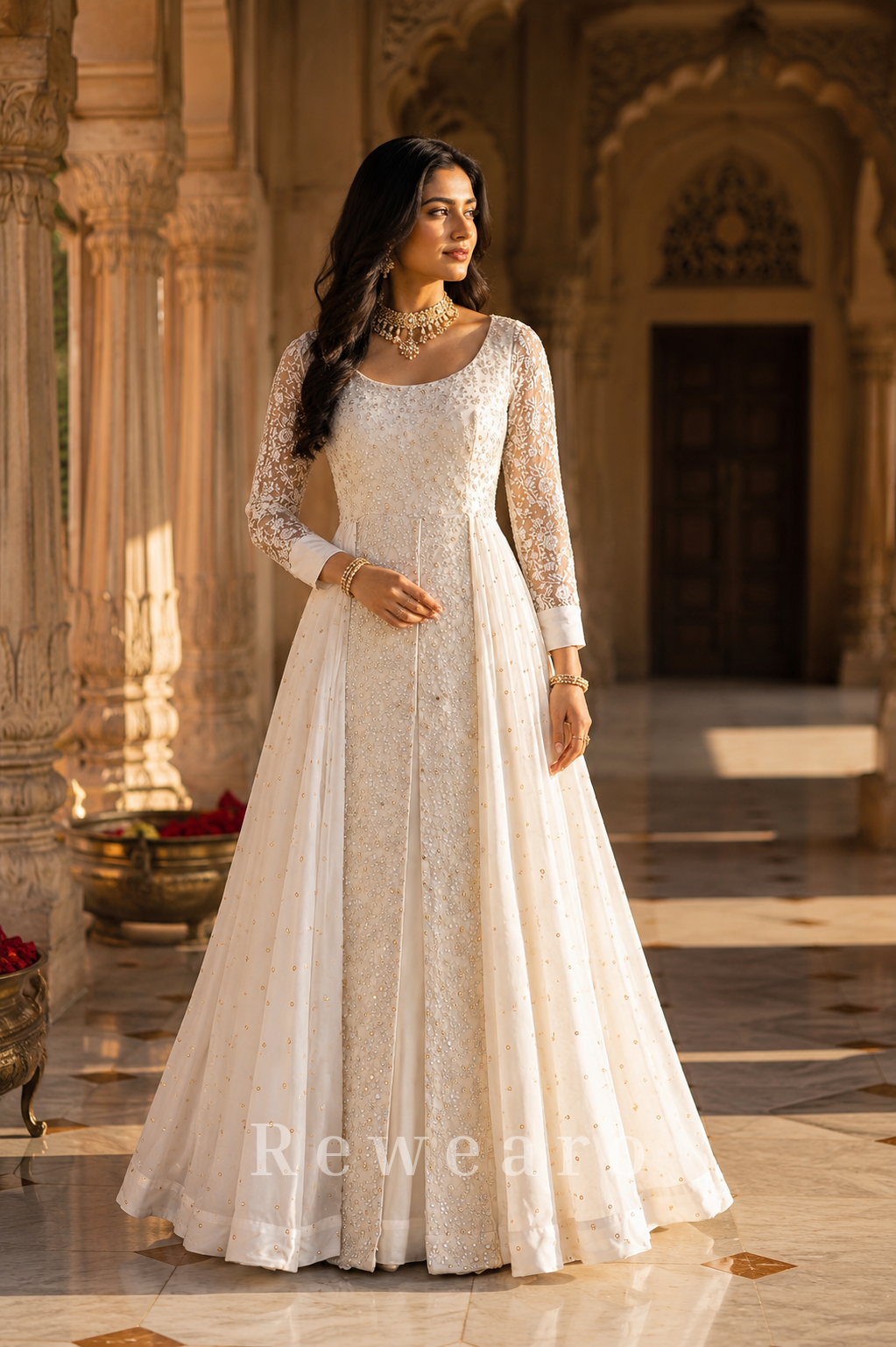 Pearl White Sequin Embroidered Cape Style Anarkali Gown