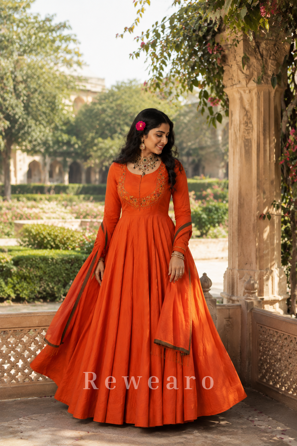 Rust Orange Embroidered Anarkali Gown with Contrast Border Dupatta