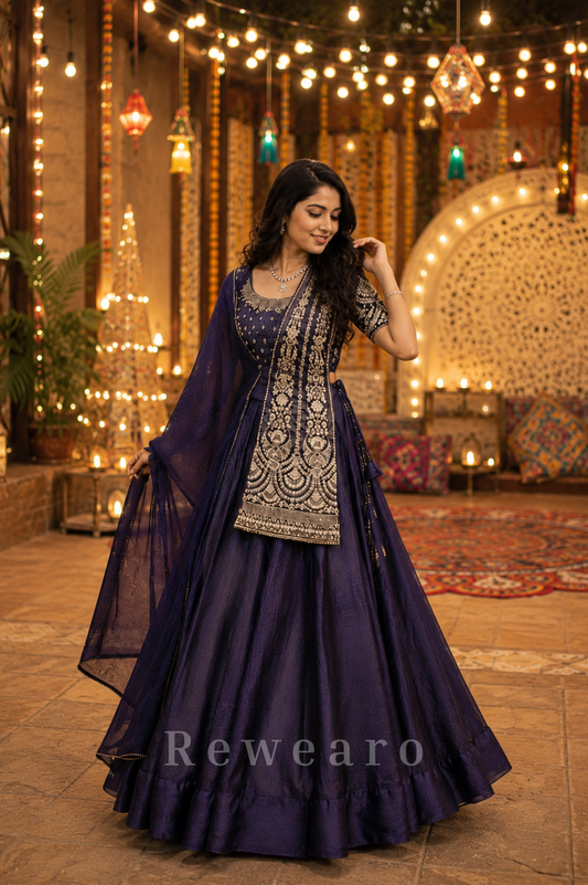 Midnight Embroidered Anarkali Gown with Handcrafted Belt
