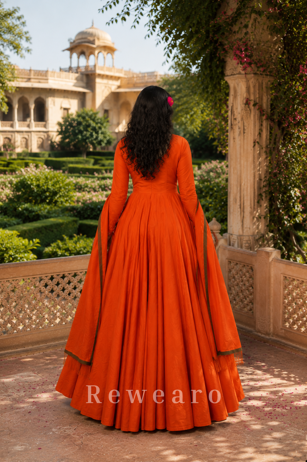 Rust Orange Embroidered Anarkali Gown with Contrast Border Dupatta