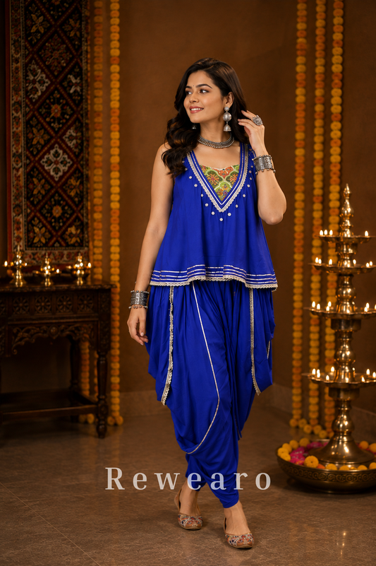Royal Blue Embroidered Layered Kurta with Draped Dhoti Pants