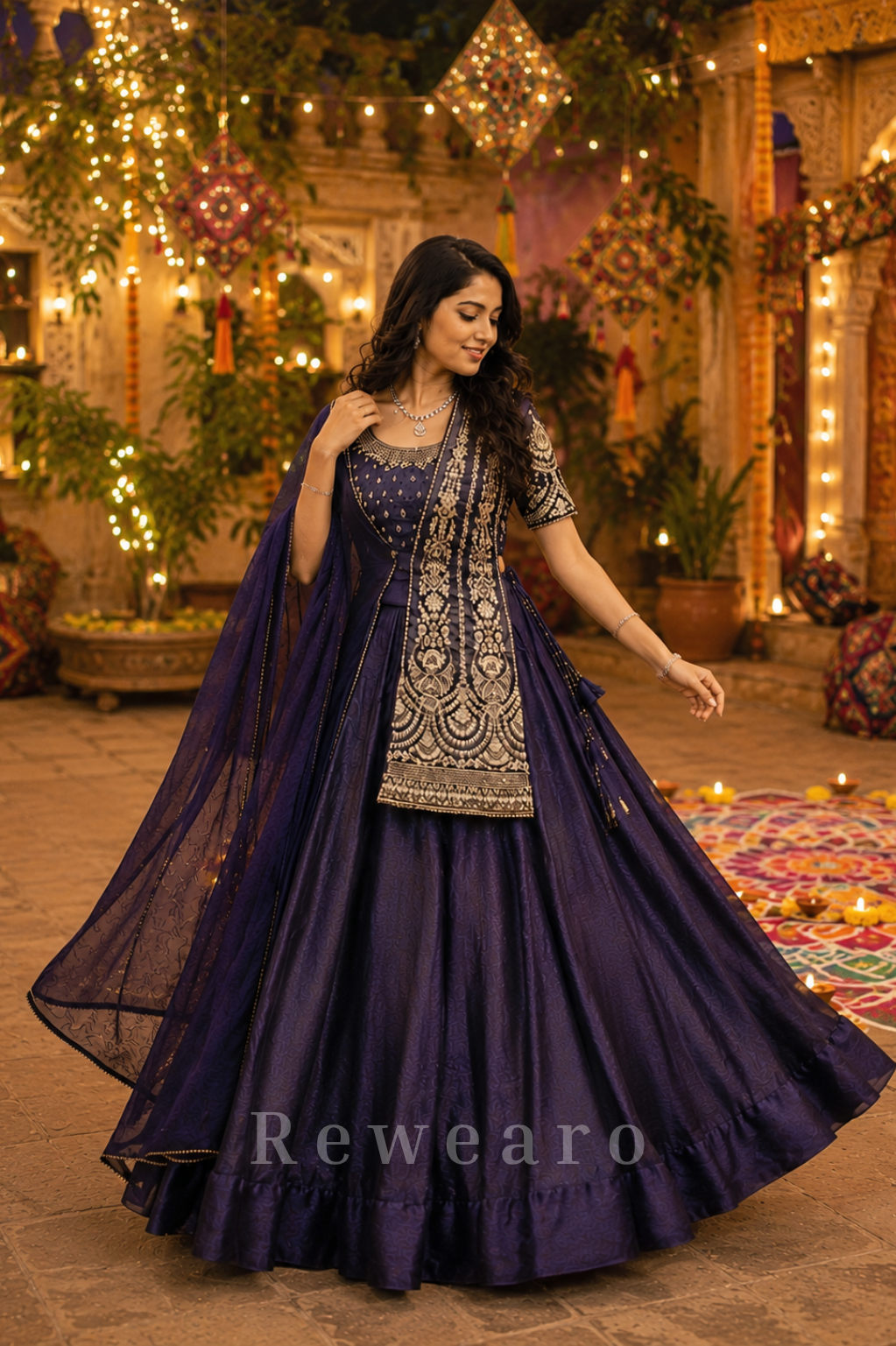 Midnight Embroidered Anarkali Gown with Handcrafted Belt