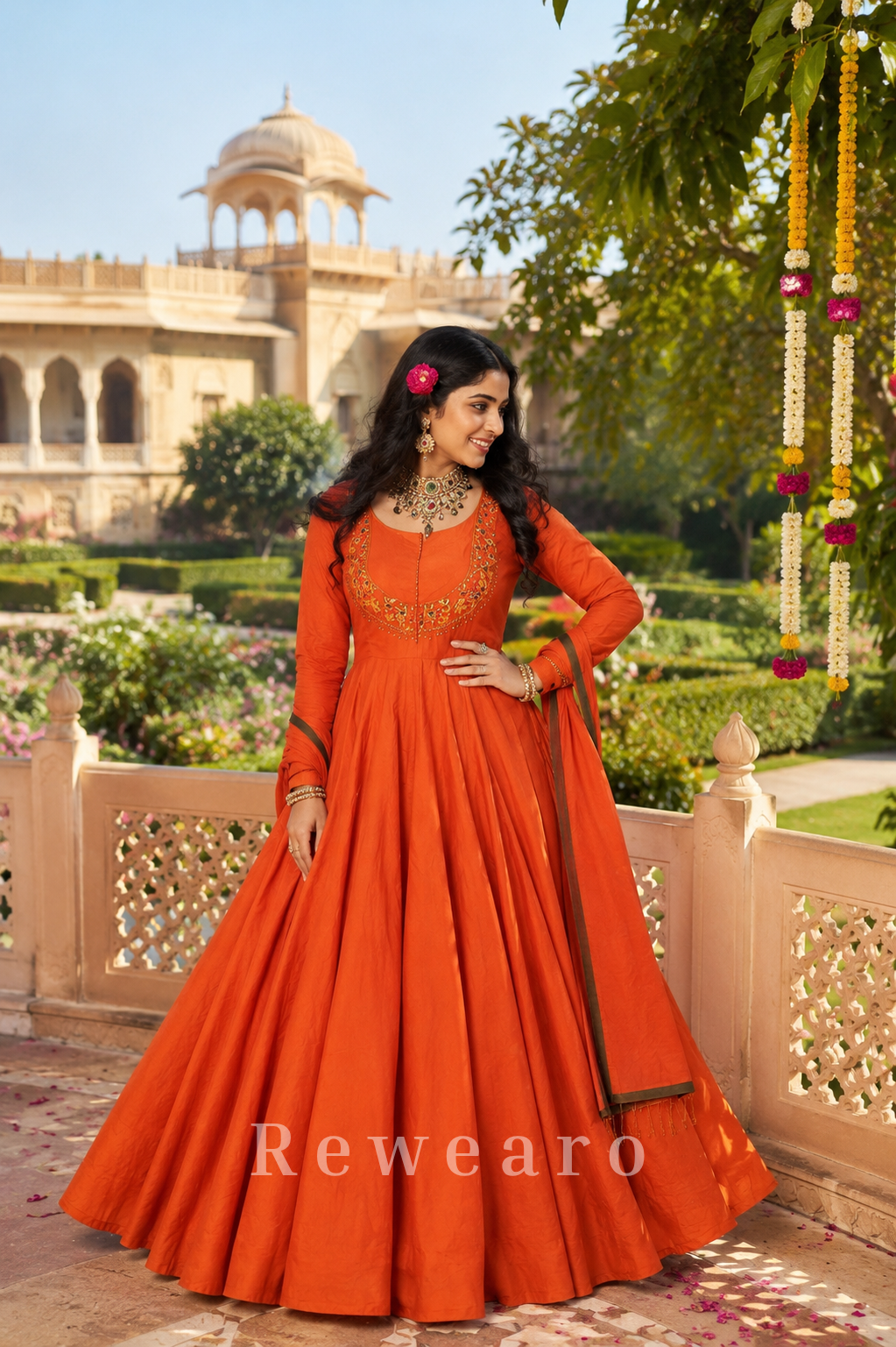 Rust Orange Embroidered Anarkali Gown with Contrast Border Dupatta