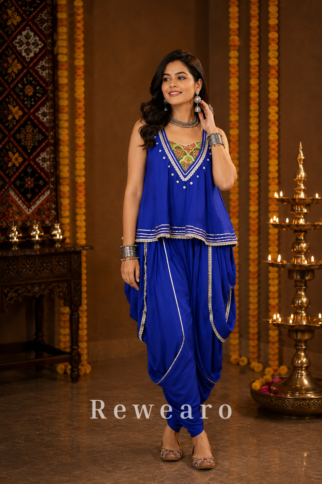 Royal Blue Embroidered Layered Kurta with Draped Dhoti Pants