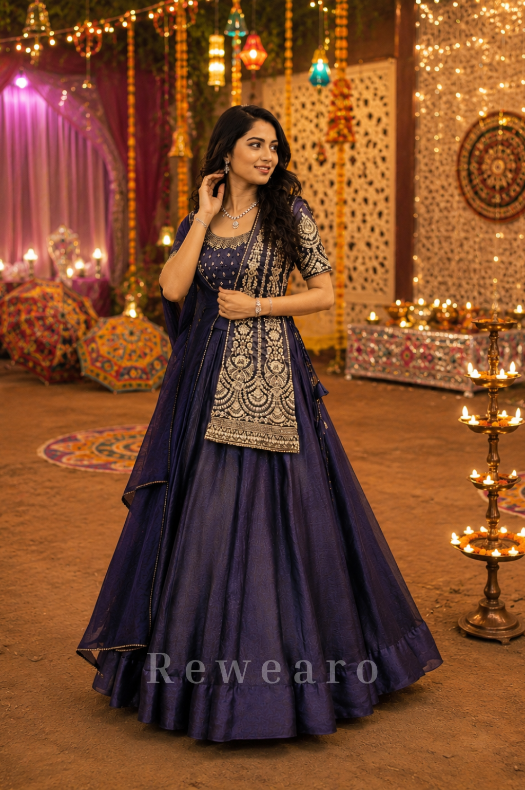 Midnight Embroidered Anarkali Gown with Handcrafted Belt