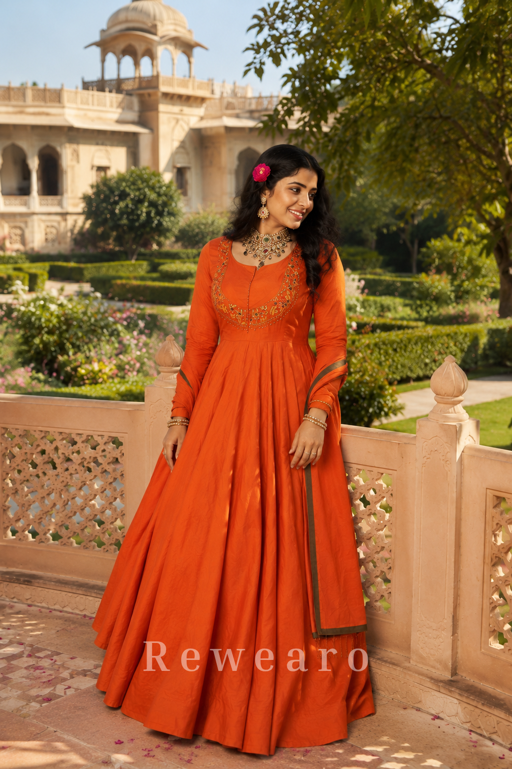 Rust Orange Embroidered Anarkali Gown with Contrast Border Dupatta