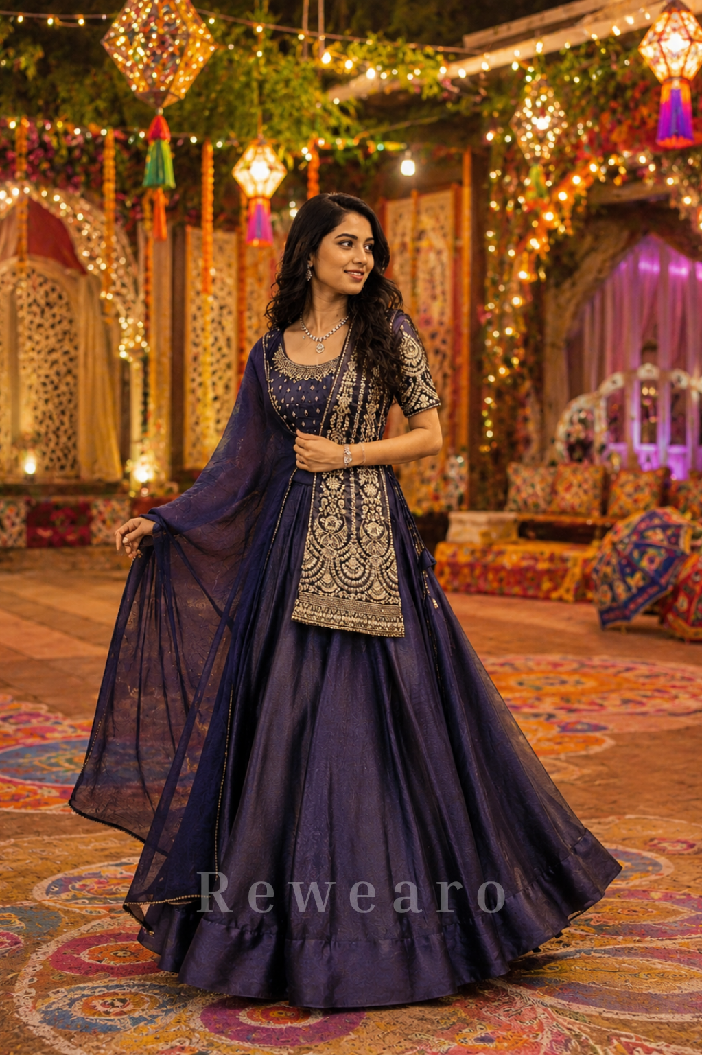 Midnight Embroidered Anarkali Gown with Handcrafted Belt