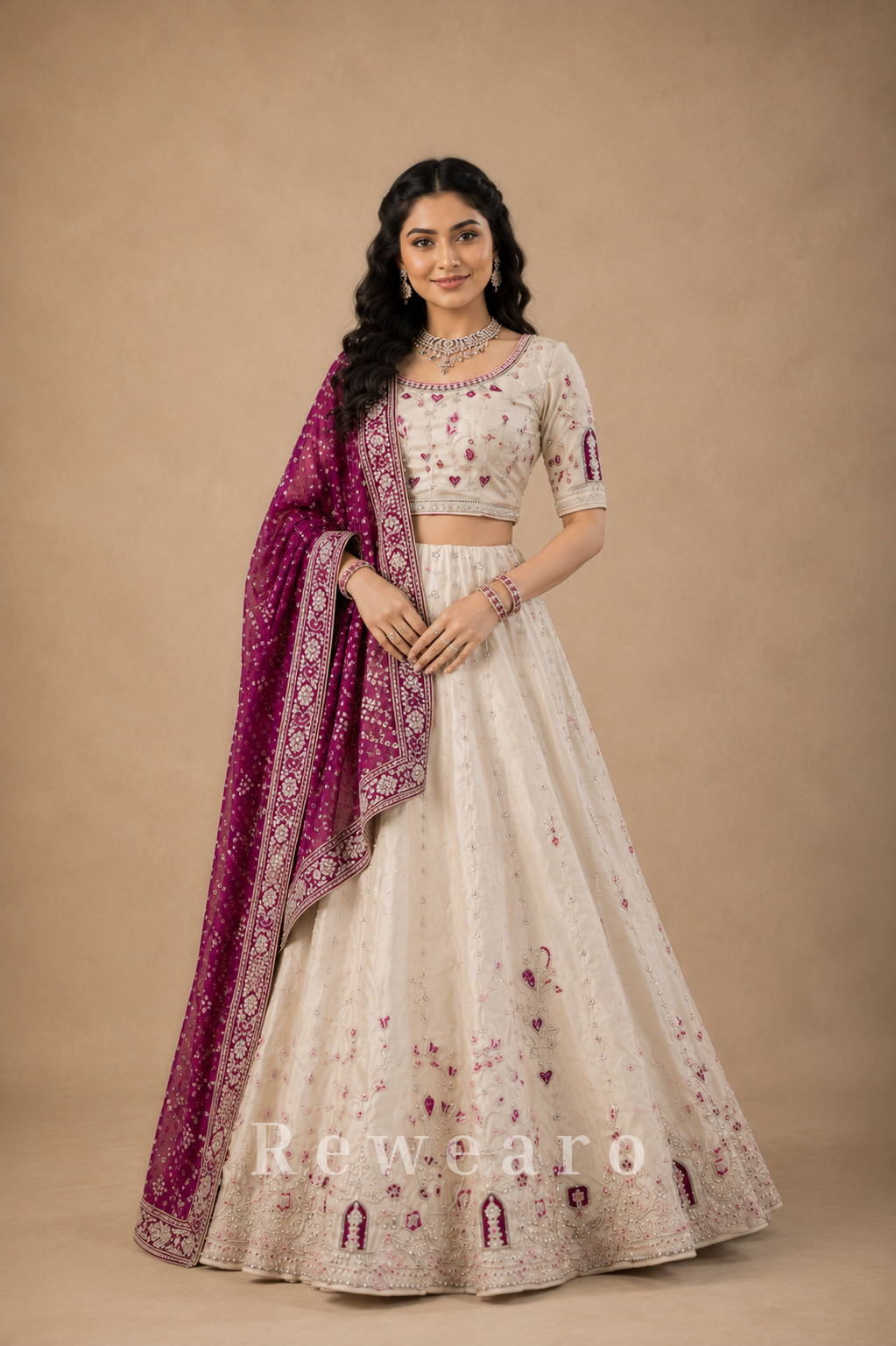 Ivory Embroidered Lehenga Set with Magenta Bandhani Style Dupatta