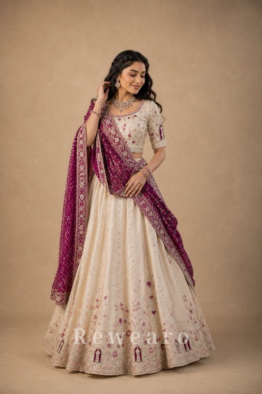 Ivory Embroidered Lehenga Set with Magenta Bandhani Style Dupatta