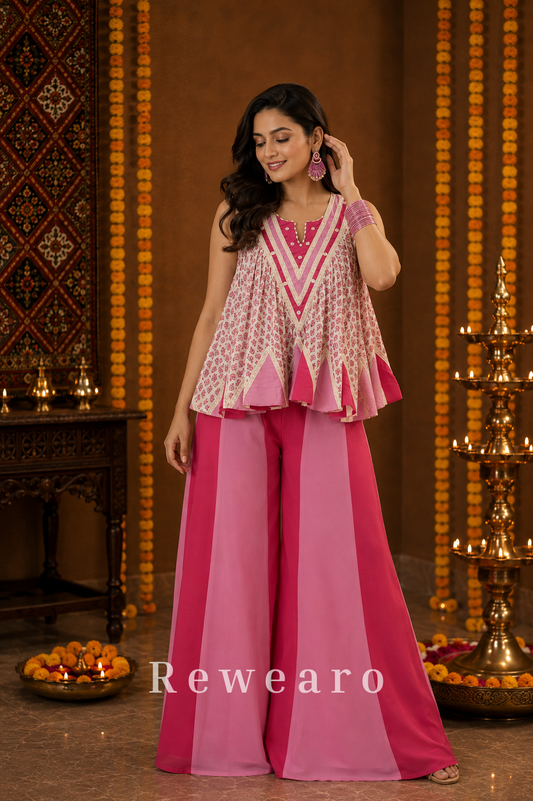 Blush Pink Printed Peplum Kurti with Layered Palazzo Pants & Embellished Neckline