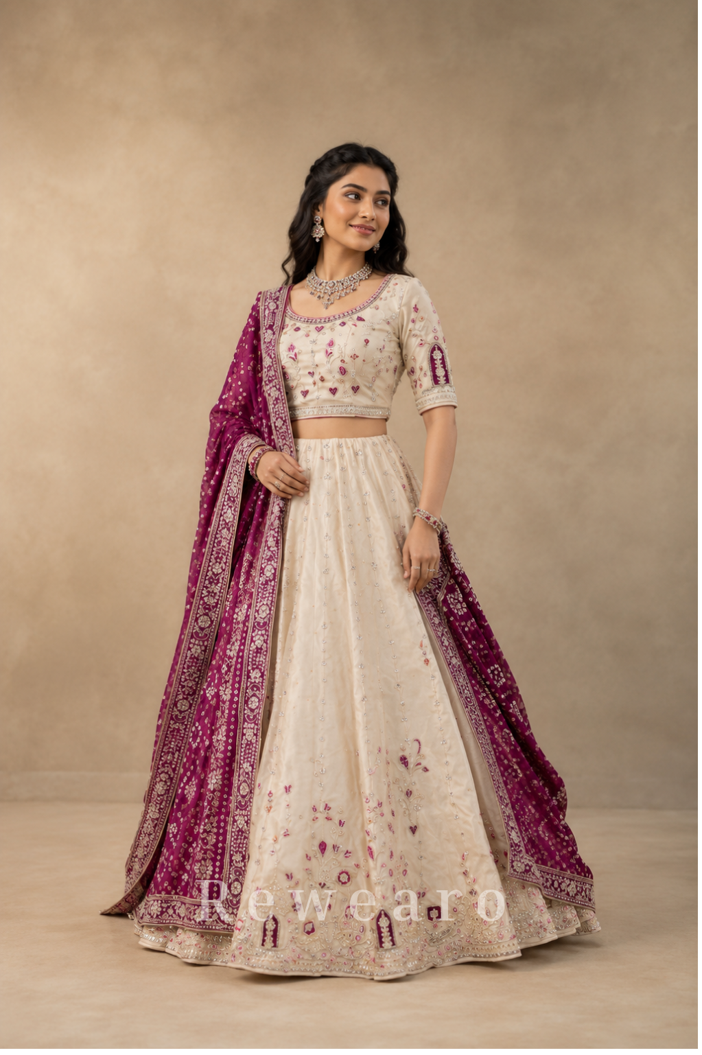 Ivory Embroidered Lehenga Set with Magenta Bandhani Style Dupatta
