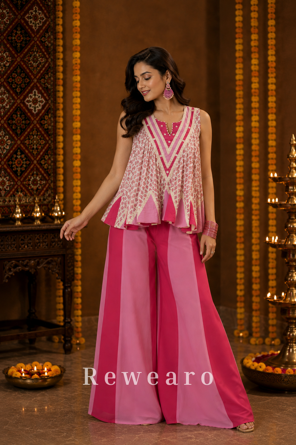 Blush Pink Printed Peplum Kurti with Layered Palazzo Pants & Embellished Neckline