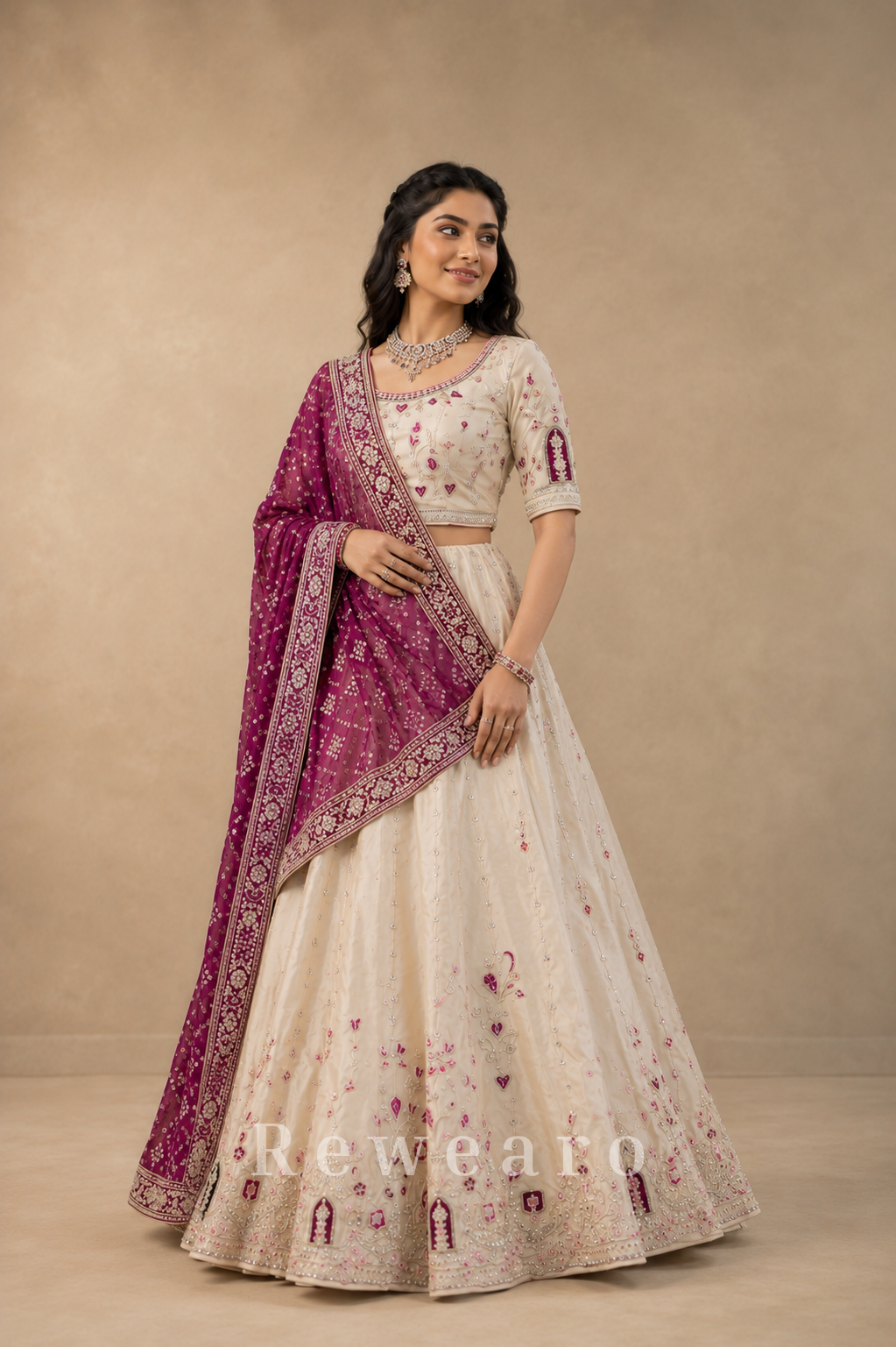 Ivory Embroidered Lehenga Set with Magenta Bandhani Style Dupatta