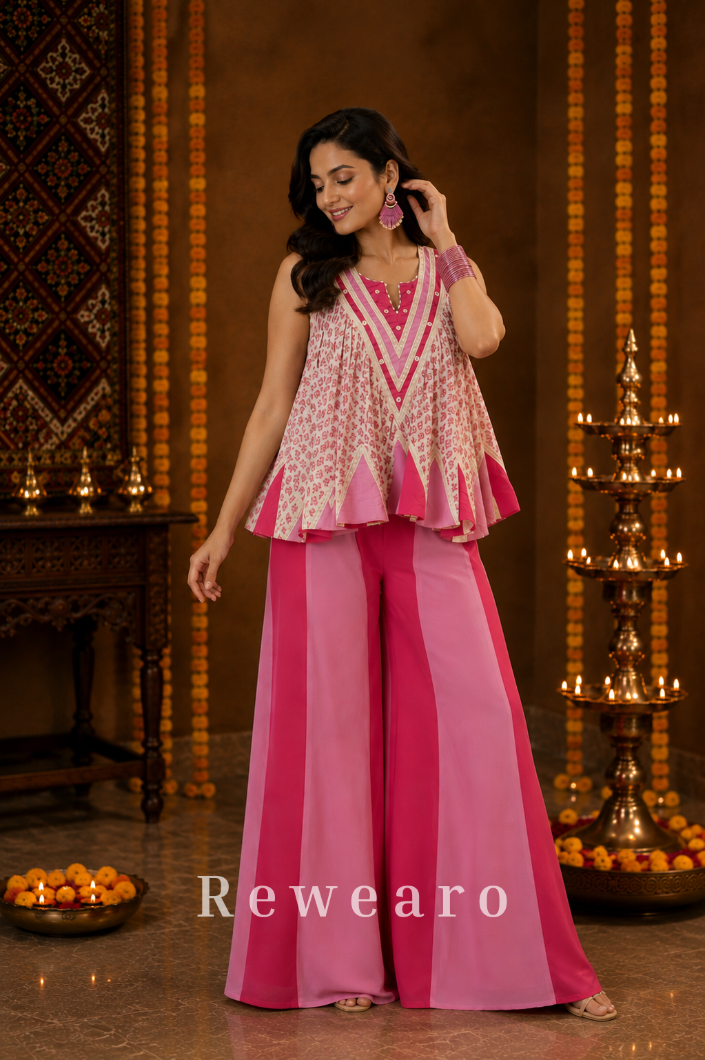 Blush Pink Printed Peplum Kurti with Layered Palazzo Pants & Embellished Neckline