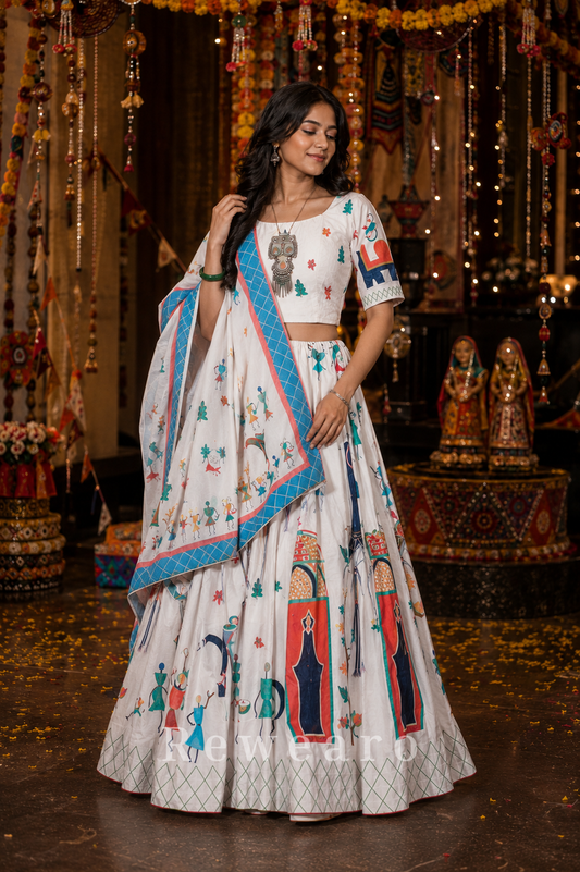 Ivory Folk Art Printed Lehenga Set with Contrast Border Dupatta