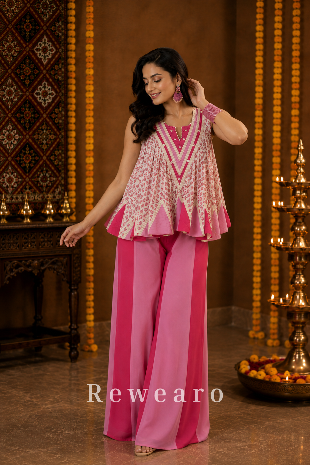 Blush Pink Printed Peplum Kurti with Layered Palazzo Pants & Embellished Neckline