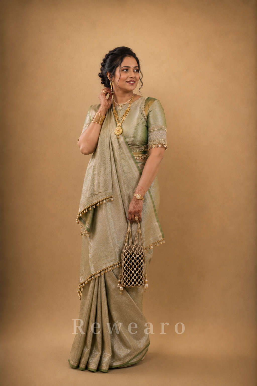 Sage Banarasi Zari Woven Saree with Heritage Jacquard Weave and Tassel Border
