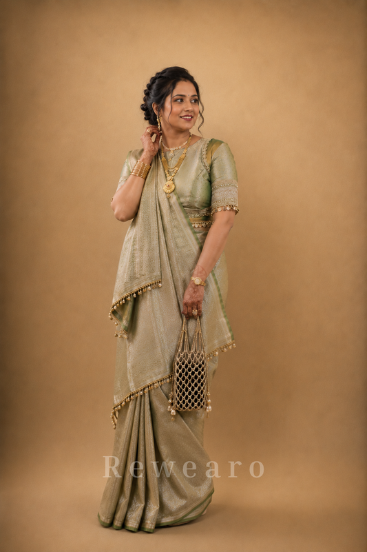 Sage Banarasi Zari Woven Saree with Heritage Jacquard Weave and Tassel Border