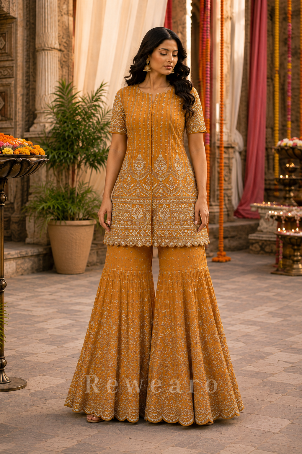 Mustard Embroidered Kurta Sharara Set