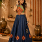 Navy Blue Printed Lehenga with Multicoloured Kutchi Embroidered Halter Blouse & Tasselled Details
