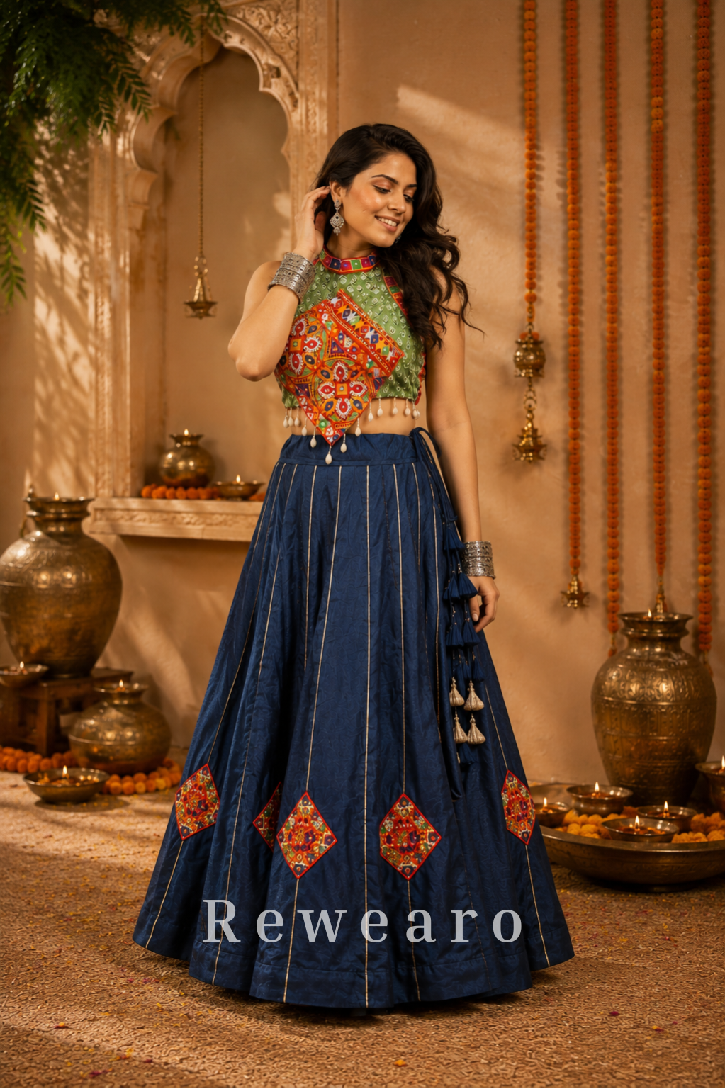 Navy Blue Printed Lehenga with Multicoloured Kutchi Embroidered Halter Blouse & Tasselled Details