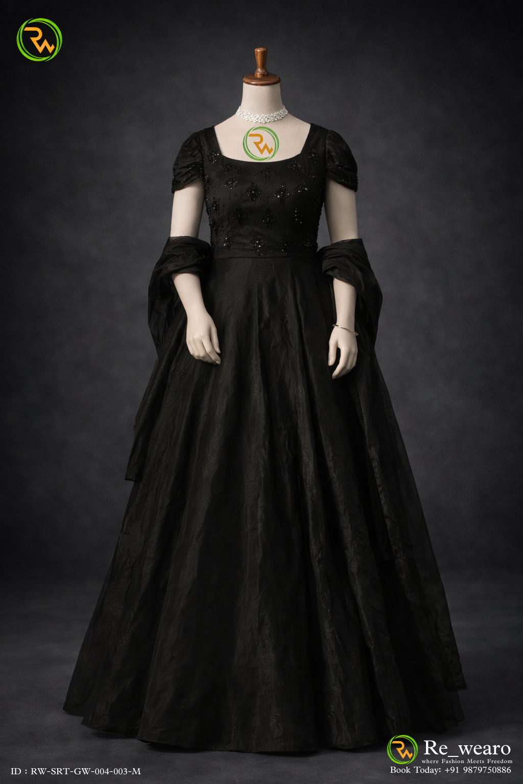 Midnight Black Embellished Ball Gown with Sheer Drape Sleeves