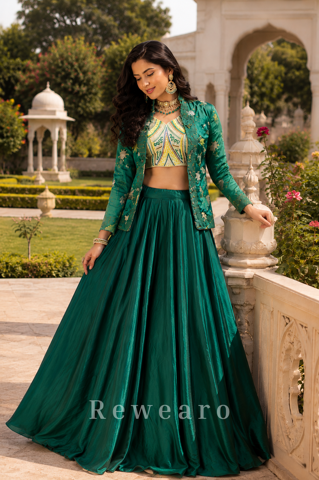 Emerald Embroidered Jacket Style Lehenga Set with Geometric Mirror Work Blouse