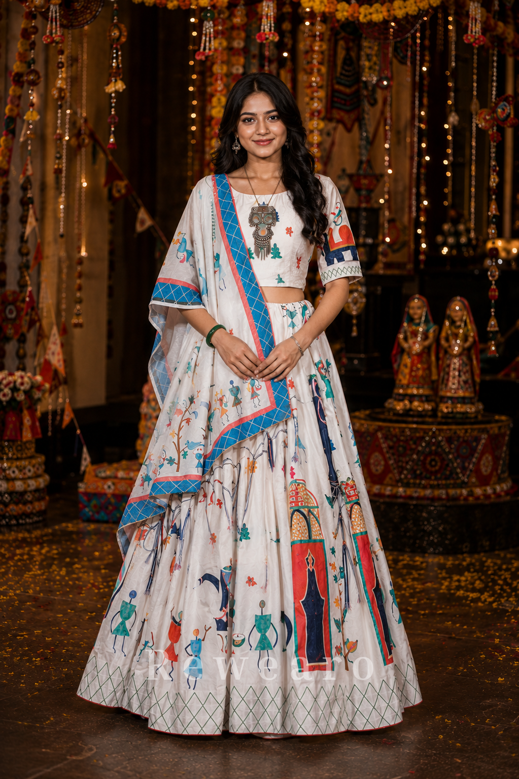 Ivory Folk Art Printed Lehenga Set with Contrast Border Dupatta