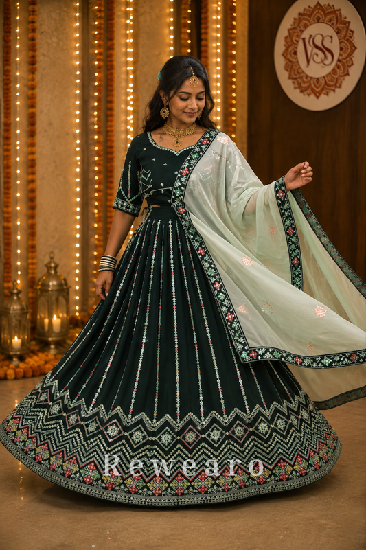 Midnight Garden Embroidered Kalidar Lehenga with Floral Borderwork & Organza Dupatta