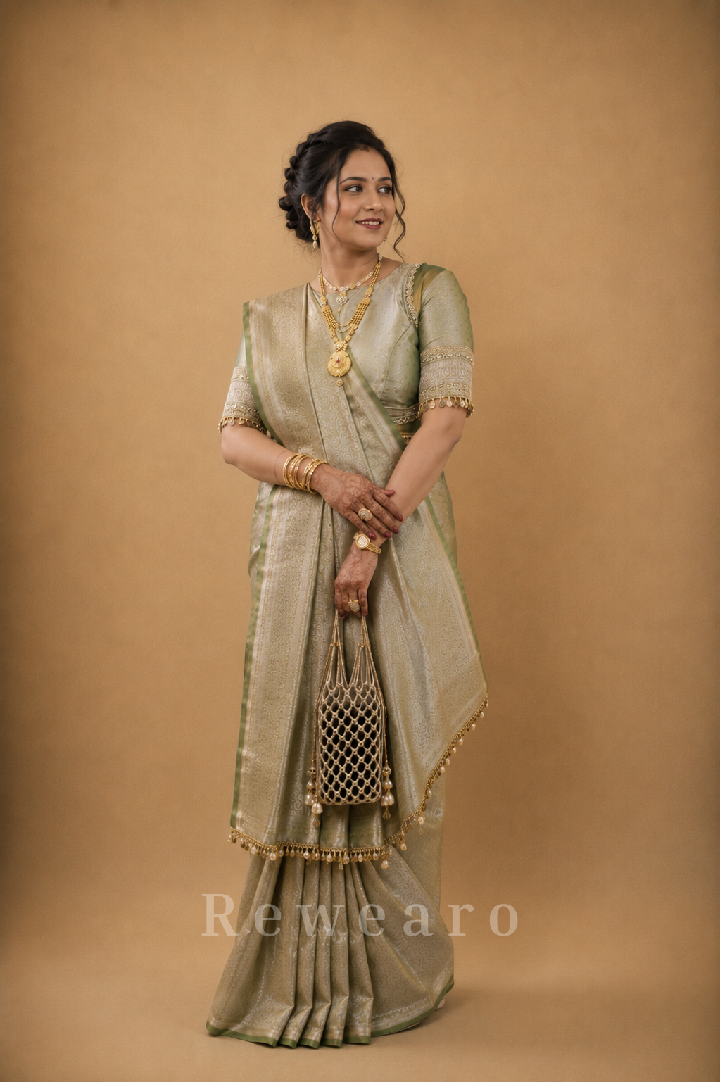 Sage Banarasi Zari Woven Saree with Heritage Jacquard Weave and Tassel Border