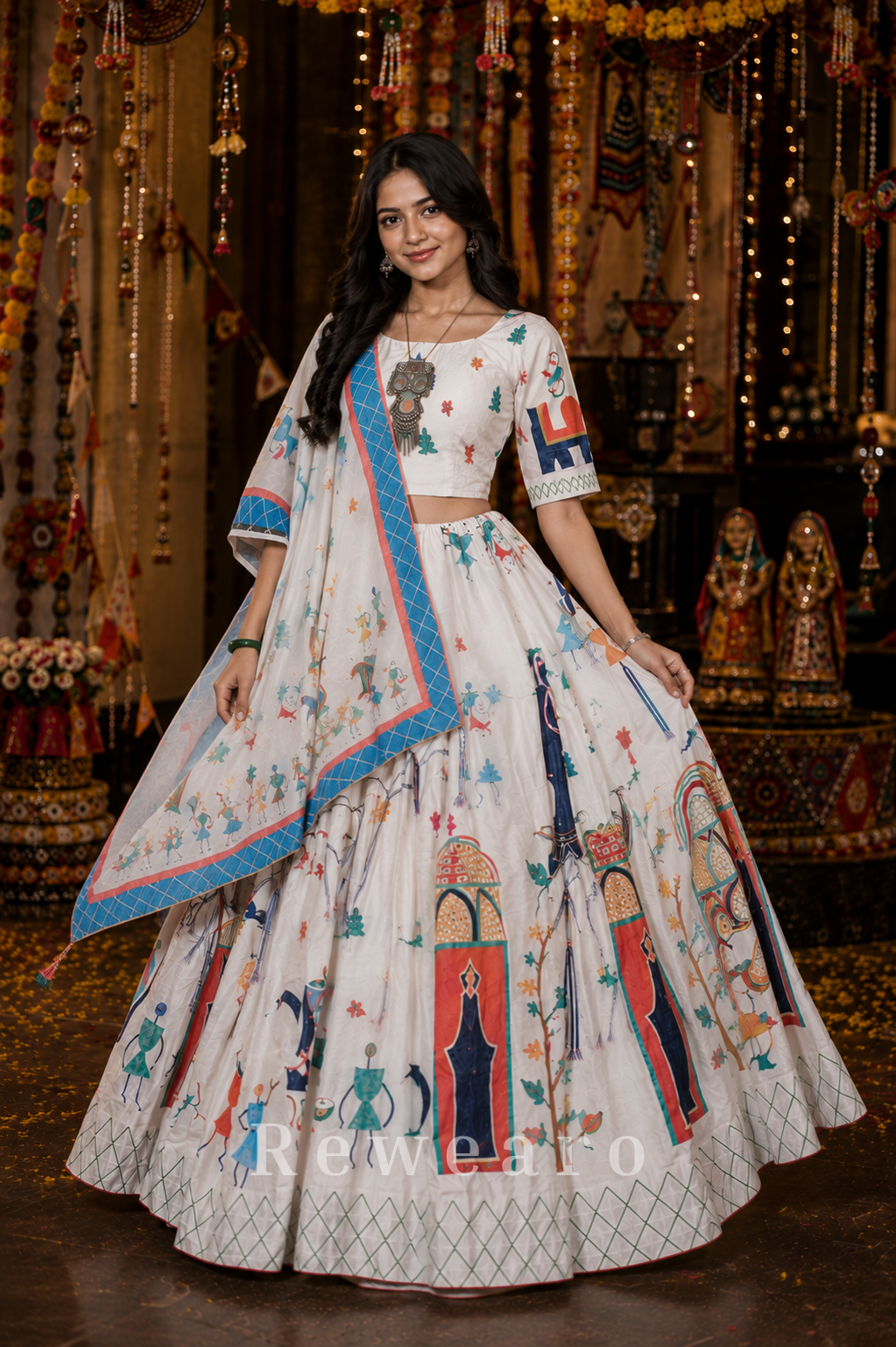 Ivory Folk Art Printed Lehenga Set with Contrast Border Dupatta