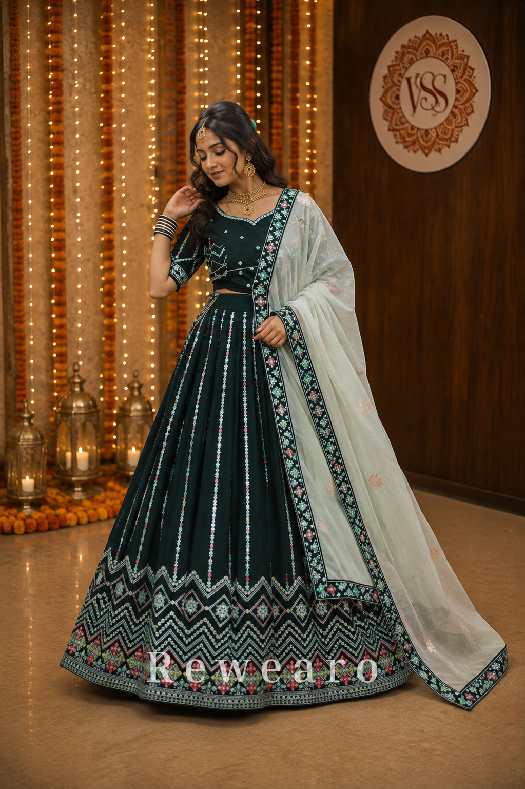 Midnight Garden Embroidered Kalidar Lehenga with Floral Borderwork & Organza Dupatta