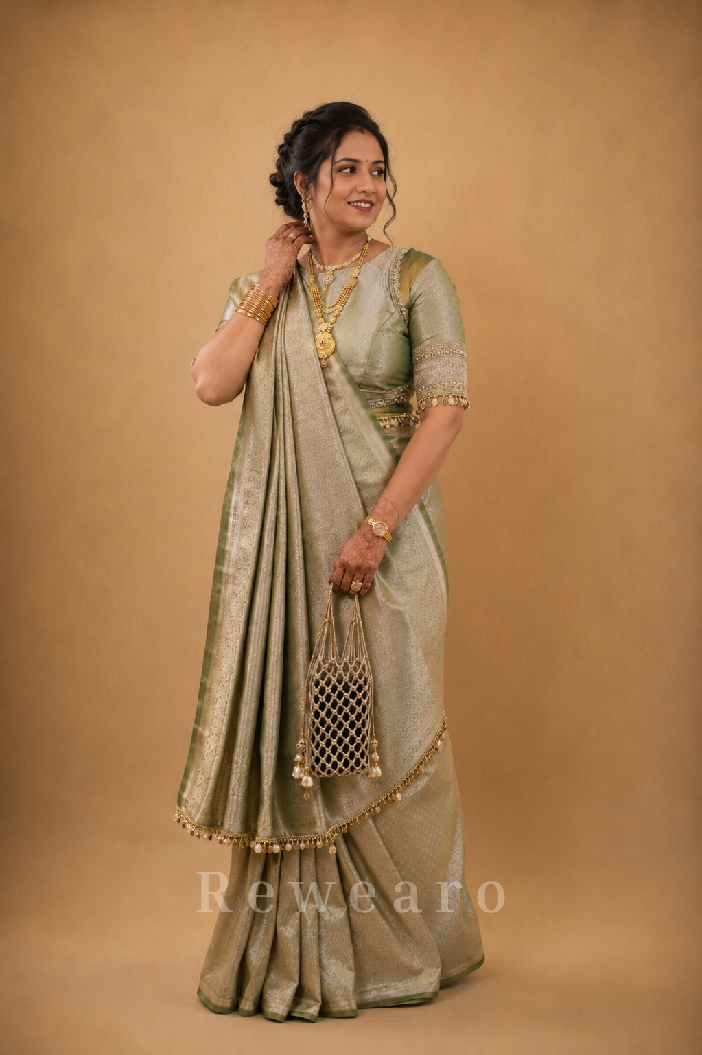 Sage Banarasi Zari Woven Saree with Heritage Jacquard Weave and Tassel Border