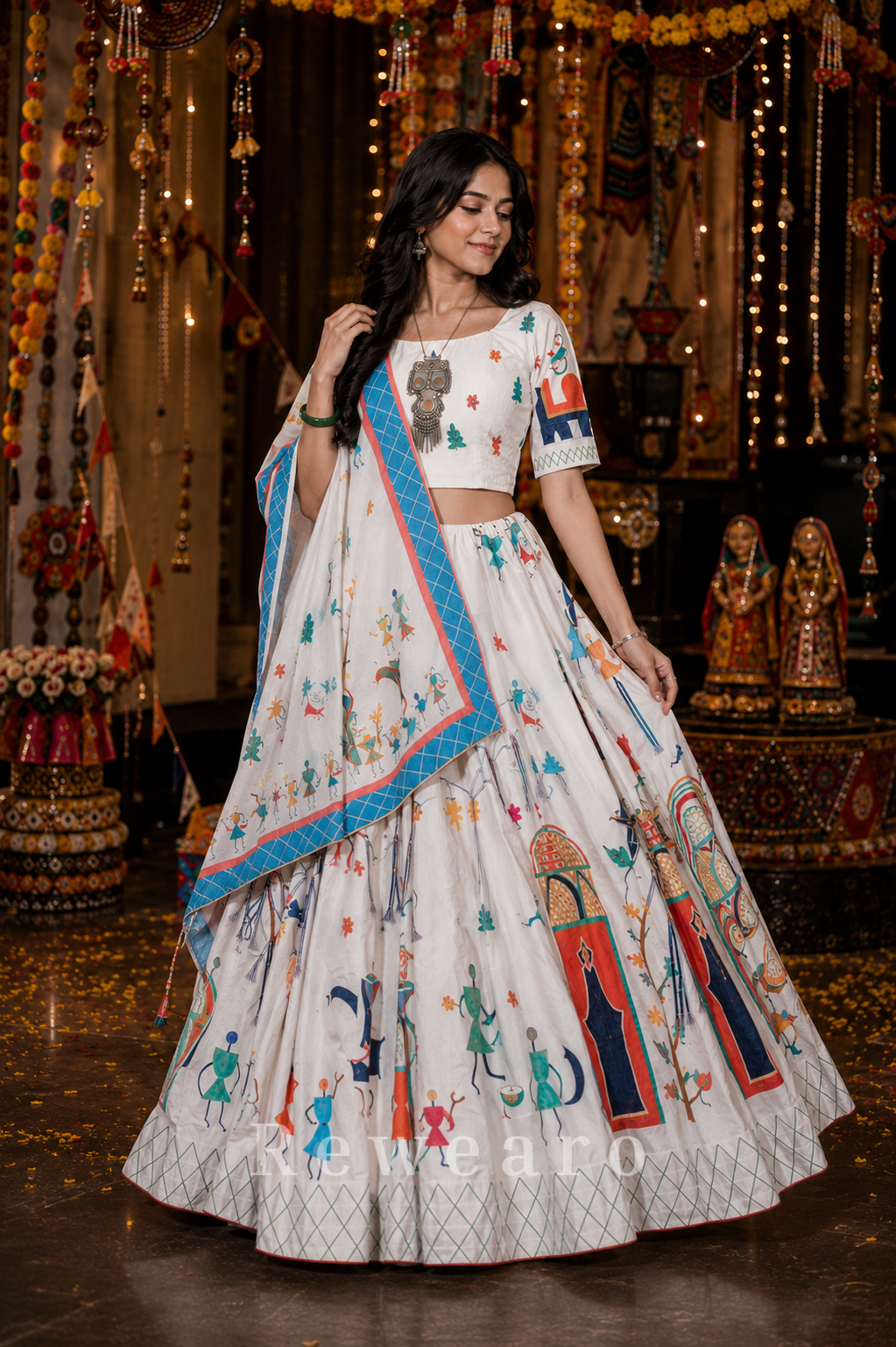 Ivory Folk Art Printed Lehenga Set with Contrast Border Dupatta