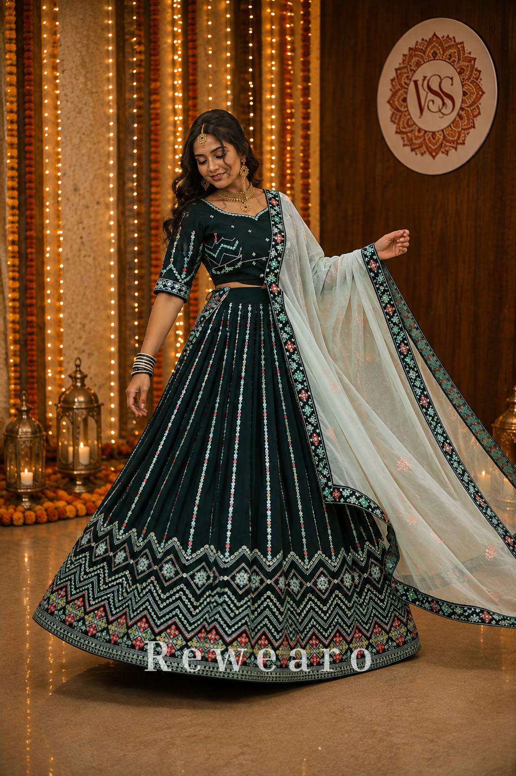 Midnight Garden Embroidered Kalidar Lehenga with Floral Borderwork & Organza Dupatta