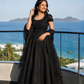 Midnight Black Embellished Ball Gown with Sheer Drape Sleeves