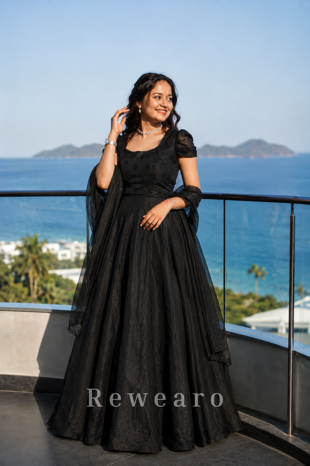 Midnight Black Embellished Ball Gown with Sheer Drape Sleeves