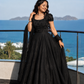 Midnight Black Embellished Ball Gown with Sheer Drape Sleeves
