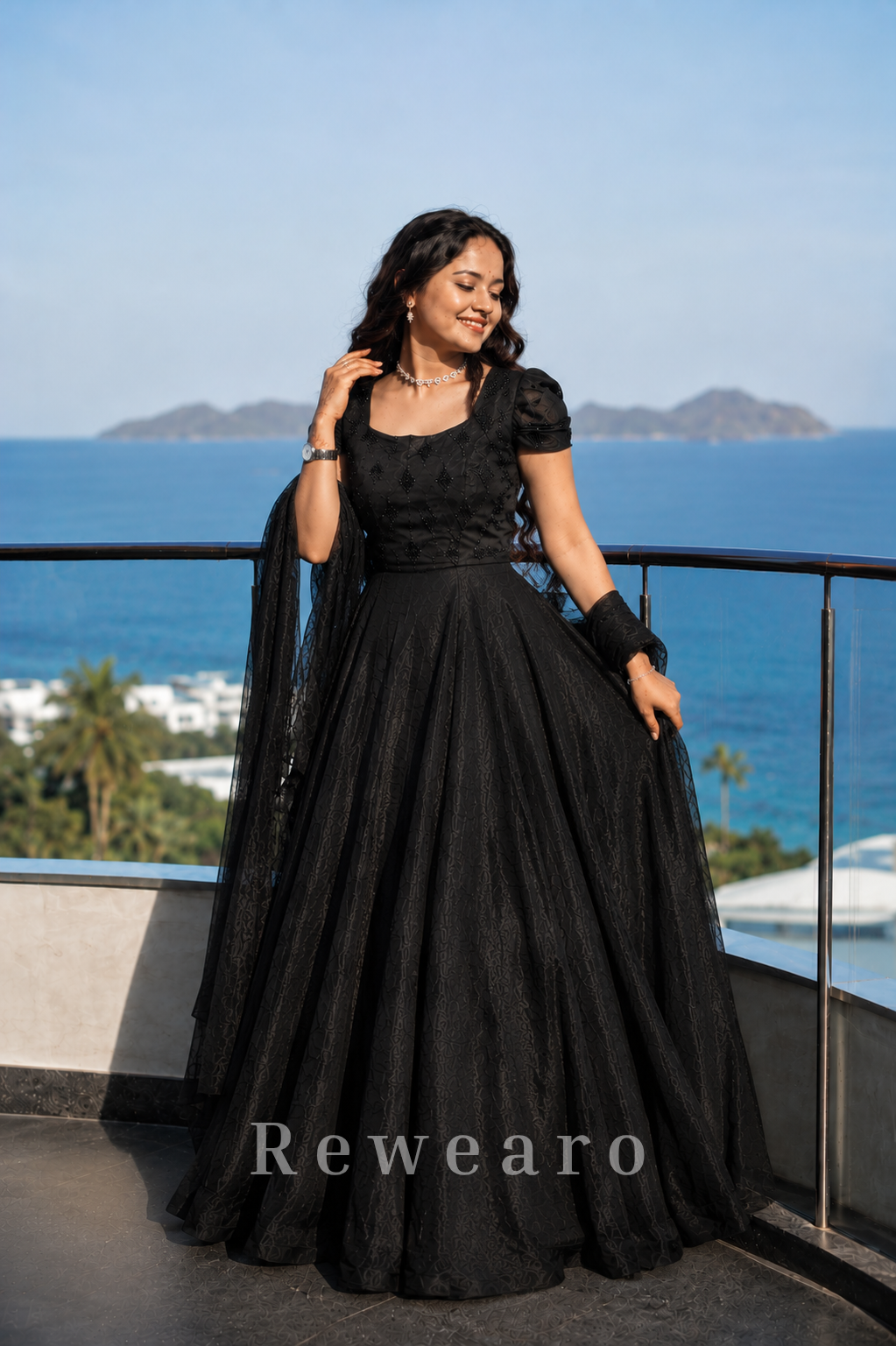 Midnight Black Embellished Ball Gown with Sheer Drape Sleeves
