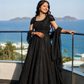 Midnight Black Embellished Ball Gown with Sheer Drape Sleeves