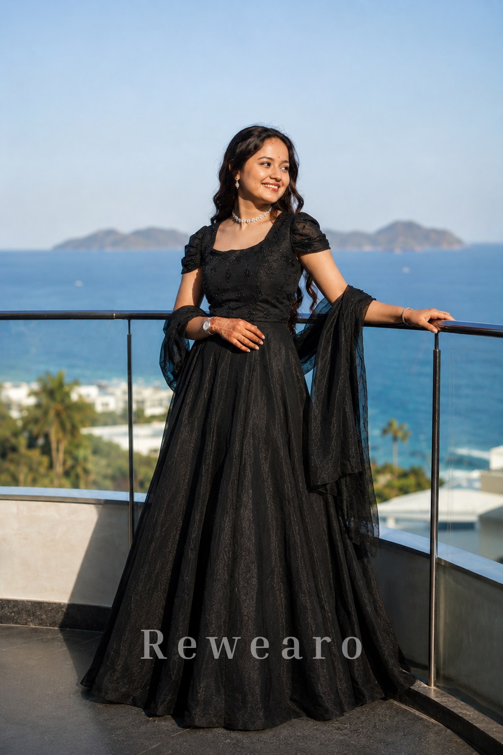 Midnight Black Embellished Ball Gown with Sheer Drape Sleeves