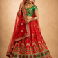 Crimson Bridal Lehenga with Folk-Figurative Border, Emerald Brocade Blouse & Ornate Veil