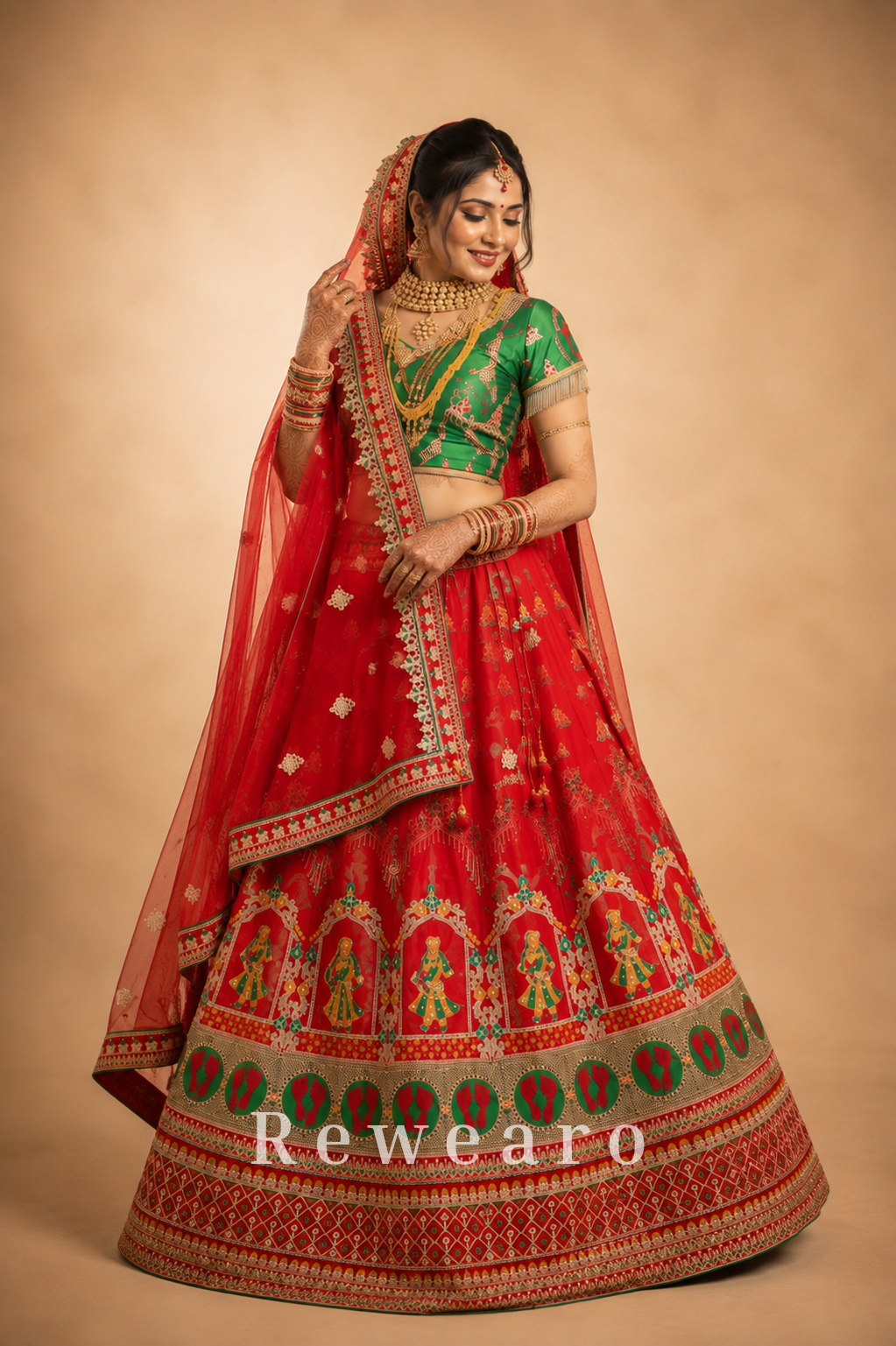 Crimson Bridal Lehenga with Folk-Figurative Border, Emerald Brocade Blouse & Ornate Veil