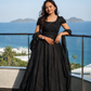 Midnight Black Embellished Ball Gown with Sheer Drape Sleeves